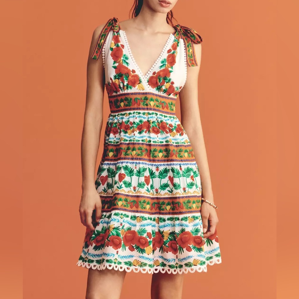 NWT Farm Rio x Anthropologie V-Neck Tiered Mini Dress 100% Cotton
